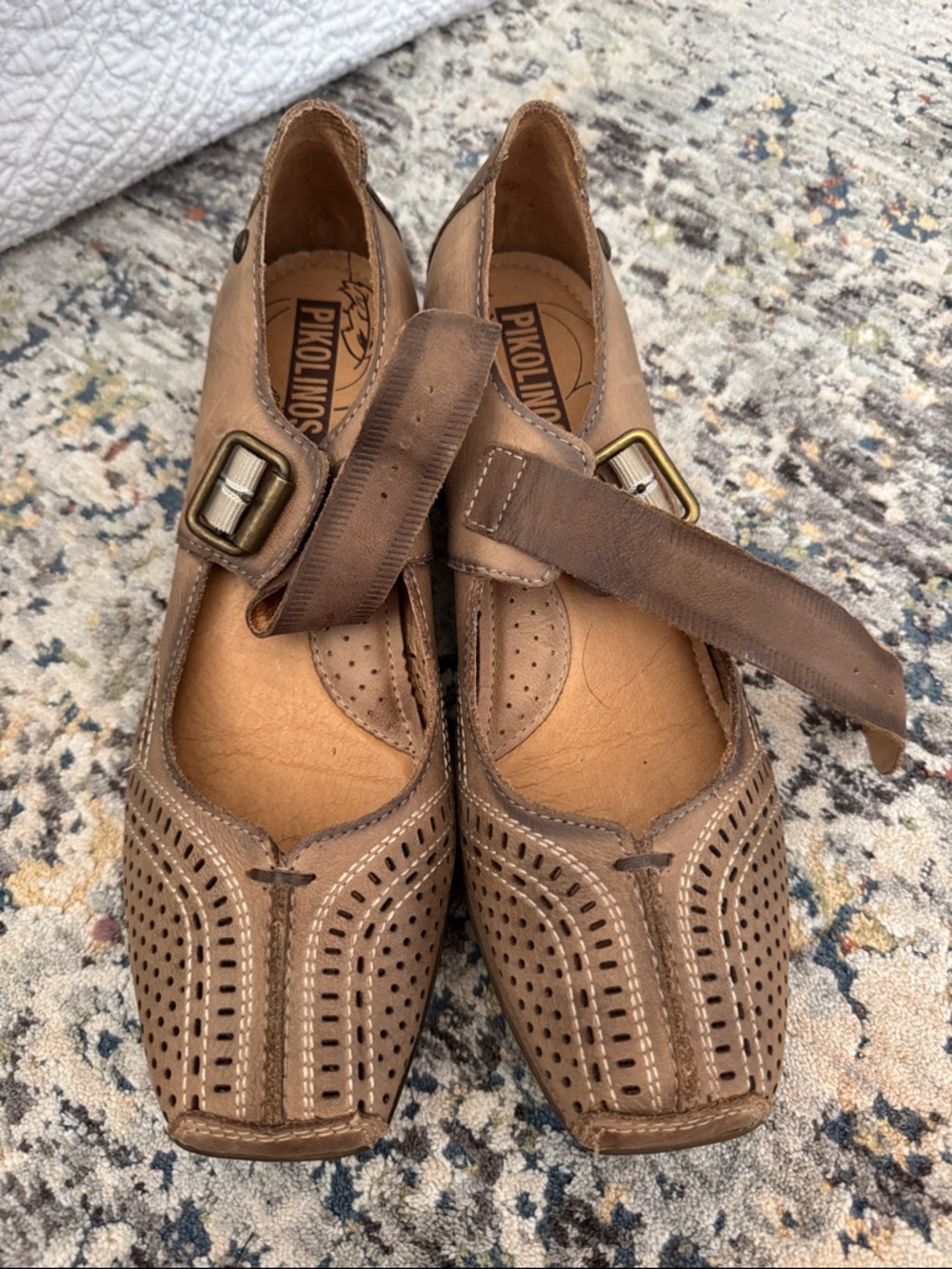 PIKOLINOS Women's Tan Perforated Leather Mary Jane Flats